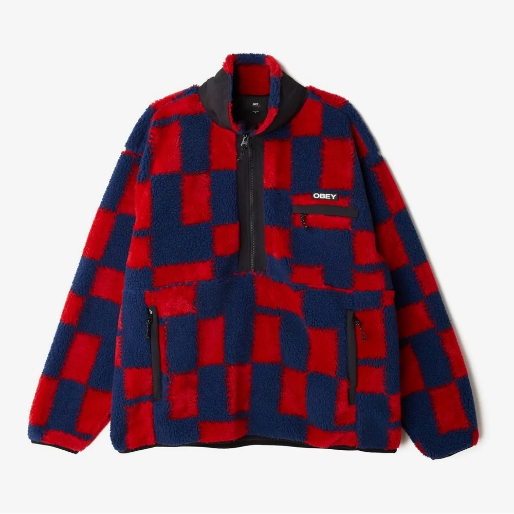 Obey Red and Navy Checkered Fleece Pullover